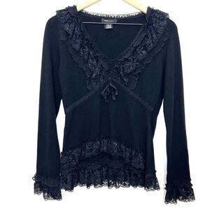 BCBGMaxAzria Black Cashmere Blend Sweater Lace and Ruffles Size L